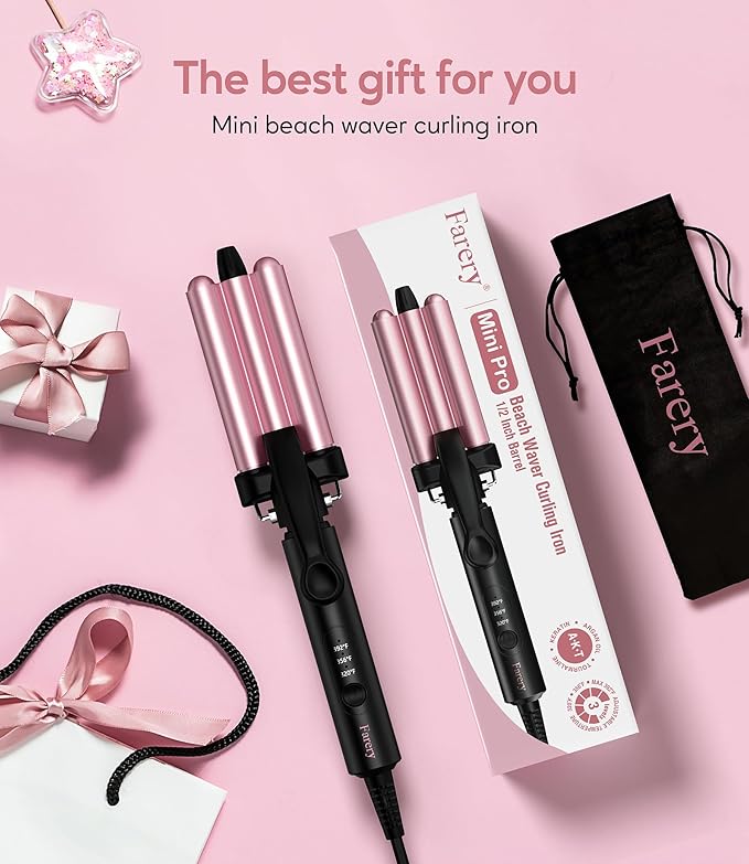 Farery Mini 3 Barrel Hair Waver - Portable Beach Wave Curling Iron for Short Hair, 1/2 Inch Ceramic Crimper with 3 Temp Settings & 30s Fast Heating, Dual Voltage Travel Hair Waver for Women, Pink