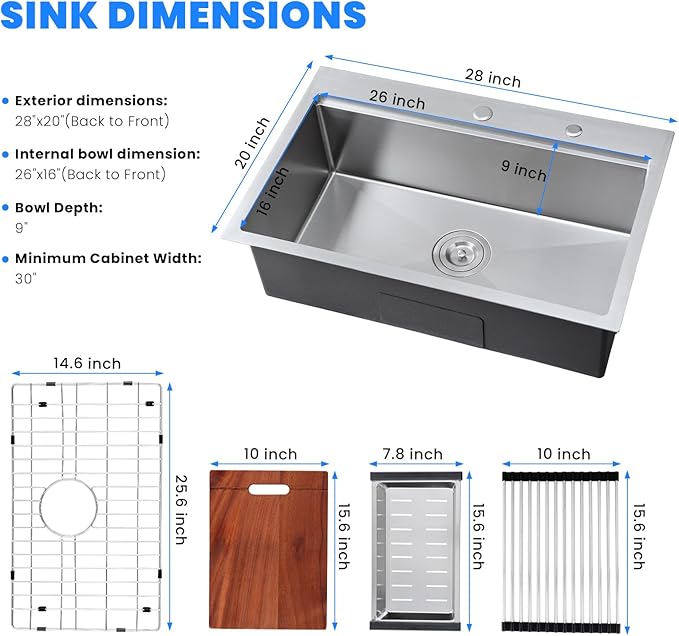 POPFLY 28 x 20 Inch Kitchen Sink, 28 Inch Stainless Steel Top Mount Drop in - Image 8
