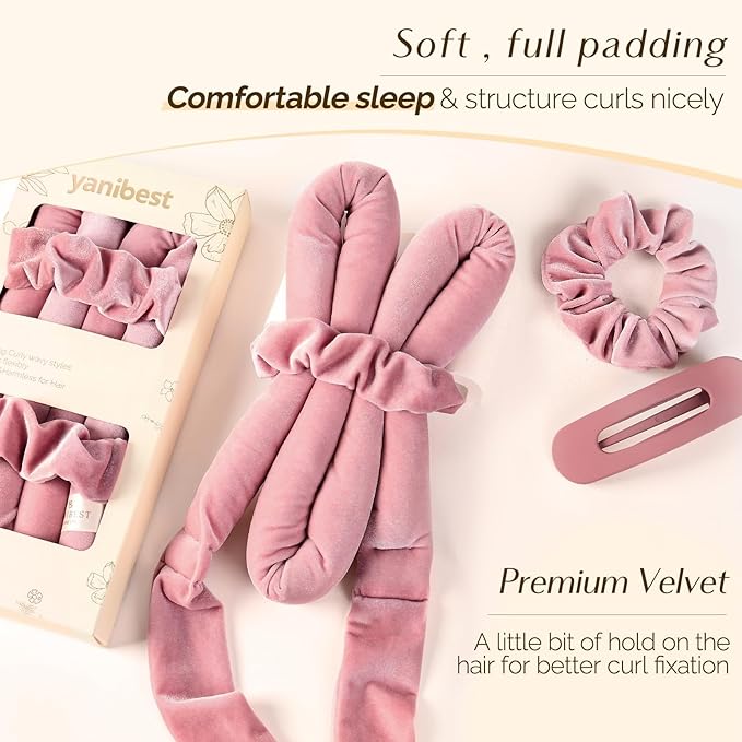 Yanibest Heatless Curls Overnight, Soft Heatless Hair Curler to Sleep in, No Heat Ribbon Wrap, Heatless Curling Set for Long Short Hair with Hair Scrunchies and Clip