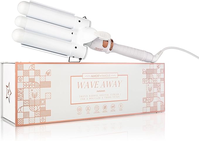 Almost Famous Wave Away Triple Barrel Clip Curling System, 3 Barrel Curling, Crimper with LCD Temp Display, Professional Beauty Tool, Temperature Adjustable (Pearlescent White)