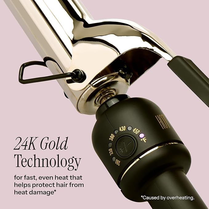 HOT Tools 24K Gold Professional 1" Extended Barrel Curling Iron with Clamp for Bouncy Curls, Faster Styling, Less Damage & Long-Lasting Results