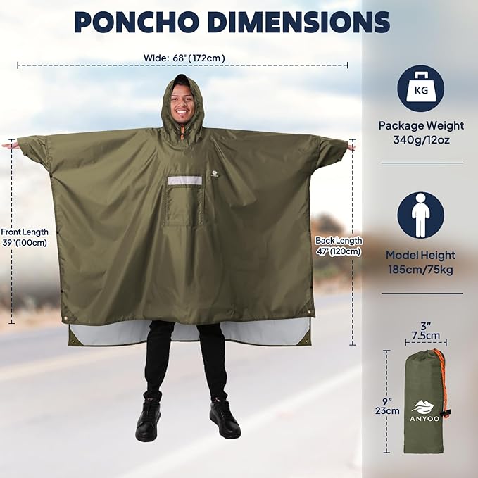 ANYOO Hooded Rain Poncho for Adults Waterproof Lightweight Rain Coat for Men - Image 2