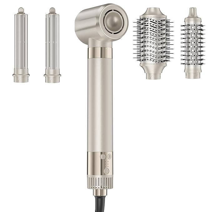 MESCOMB 5-in-1 Hot Air Styler Kit – 110,000 RPM Fast-Drying Dryer, Auto-Wrap Curlers, Straightening & Volumizing Brushes All-in-One (Champagne White)