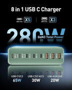 280W USB C Charger Block, 8-Port USB C Charging Station GaN III PD 65W Laptop - Image 2