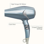 Infiniti PRO CONAIR Hair Dryer with Diffuser and Concentrator, 1875W Style & Shine Blow Dryer with Tourmaline and Ionic Conditioning to Fight Frizz, 3 Heat & 2 Speed Settings, Blue