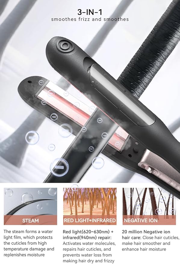 Steam Flat Iron and Culur - 1.25 Inch Hair Straightener for All Hair Types, Adjustable Temp 284°F-410°F, Fast Heat Up in 30 Sec (Black)