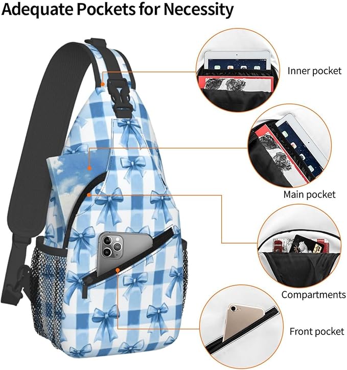 SUPLUCHOM Sling Bag Blue Bows Check Hiking Daypack Crossbody Shoulder Backpack - Image 4