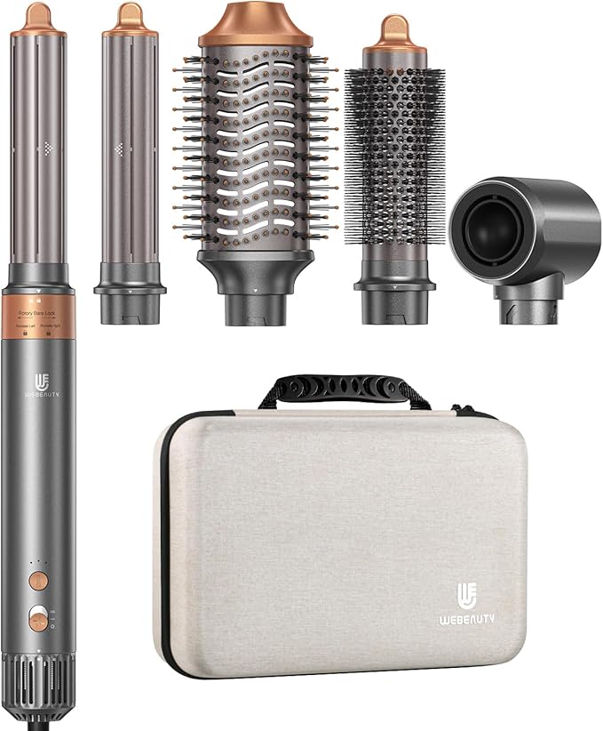 Hair Dryer Brush, webeauty 5 in 1 Professional Hot Air Styling, High-Speed Negative Ionic Hair Dryer Fast Drying, Multi Hair Styler with Air Curling Iron, Volumizing, with Carrying Case (Grey Gold)