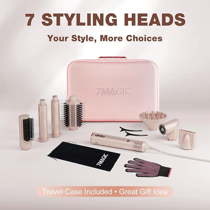 7MAGIC 7 in 1 Hair Styler & Hair Dryer Brush, Negative Ionic Hot Air Styler, 120 Volts, 1400W Powerful Blow Dryer Brush & Multi-Style for Straight, Wavy, Curly, and Coily Hair, Travel Case, Pink