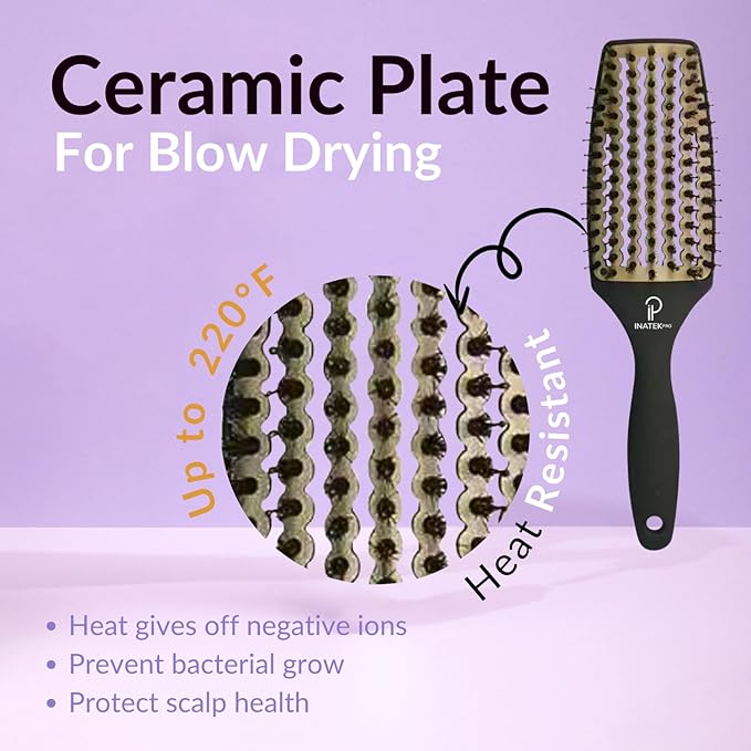 Curved Vented for Blow Drying - Boar Bristle Brush (Medium) with Comfortable Handle - Soft Bristle Brush for Thick and Fine Hair - Natural Boar Bristles for Women, Men & Kids - Grey
