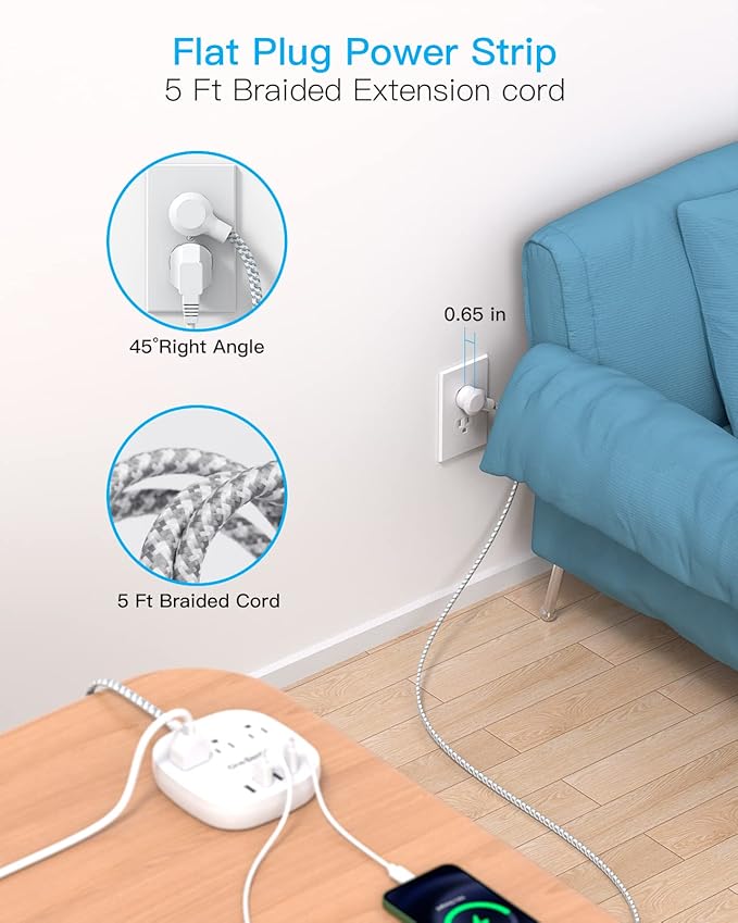 PD 20W USB C 3 Outlet 4 USB Ports Flat Plug Power Strip No Surge Protector - Image 5