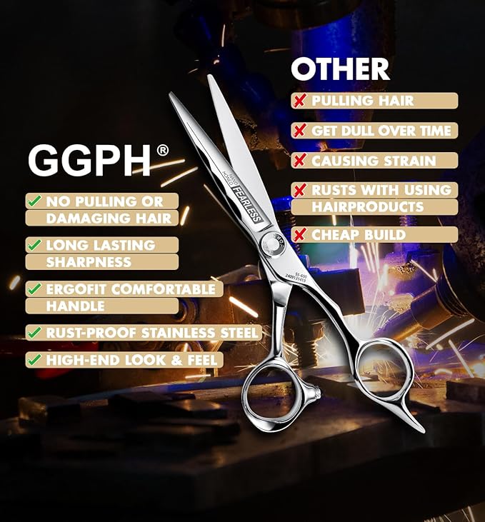 Professional Ergonomic Hair Cutting Scissors - SUS440C & Cobalt Stainless Steel Barber Shears - Fine Adjustment Tension - Premium Shears for Hair Cutting (6.0 Inches)