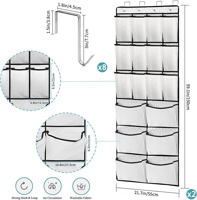 2 Packs Over the Door Shoe Organizer, 24 Extra Large Mesh Pockets Hanging Shoe - Image 2