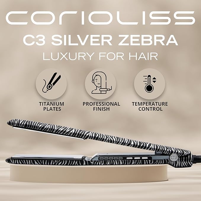 Corioliss C3 Hair Straightener Flat Iron Professional for Hair Titanium Plates Control Temperature Women (Zebra Silver Soft Touch)