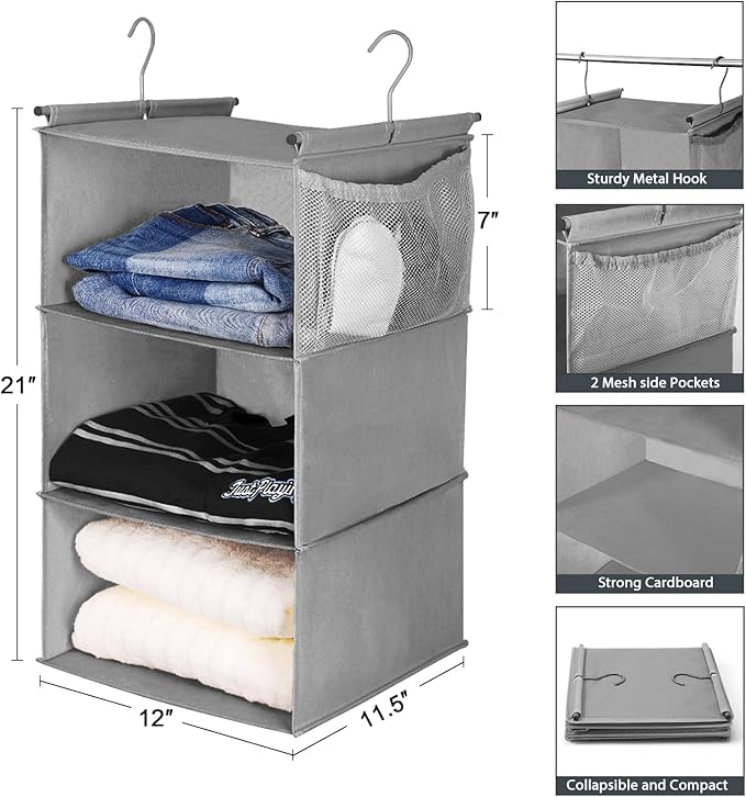 MAX Houser 3 Tier Shelf Hanging Closet Organizer, Space Saver, Closet Hanging - Image 3
