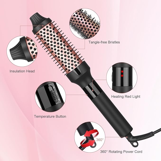 hopopower 1.25/1.5 Inch Curling Iron Brush Ceramic Double PTC Heated Round Hair Curling Comb, Tourmaline Ionic Hot Hair Curler Thermal Brush for Traveling (1.25inch)