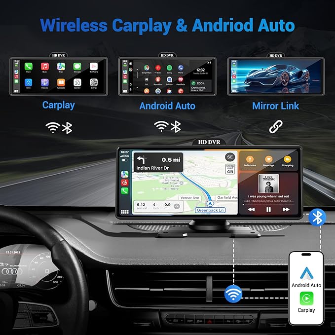 Wireless Apple Carplay Screen for Car 4K Dash Cam, 10.26" HD Touchscreen - Image 2