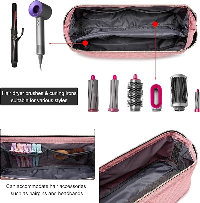 Hair Tools Travel Bag for Shark Flexstyle Dyson, Quilted Case Organizer Bag, Gift for Women Hair Accessories Storage Bag, Travel Hairdryer Portable Bag for Women, Pink