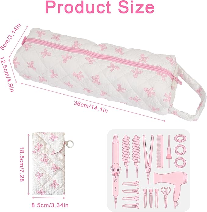 Hair Tool Bag with Matching Small Pouch, Pink Bow Quilted Hair Tools Travel Bag, Cute Large Styling Tool Storage Case Compatible with Shark Flex Dyson Airwrap, Ideal Gift for Women Girls