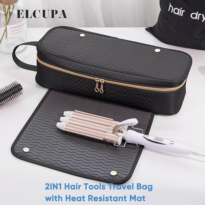 2IN1 Hair Tools Travel Bag with Heat Resistant Mat for Shark Flexstyle, Flat Irons, Straighteners, Curling Iron, Hair Dryer Case Compatible with Revlon One-Step Hair Dryer, Hair Essentials