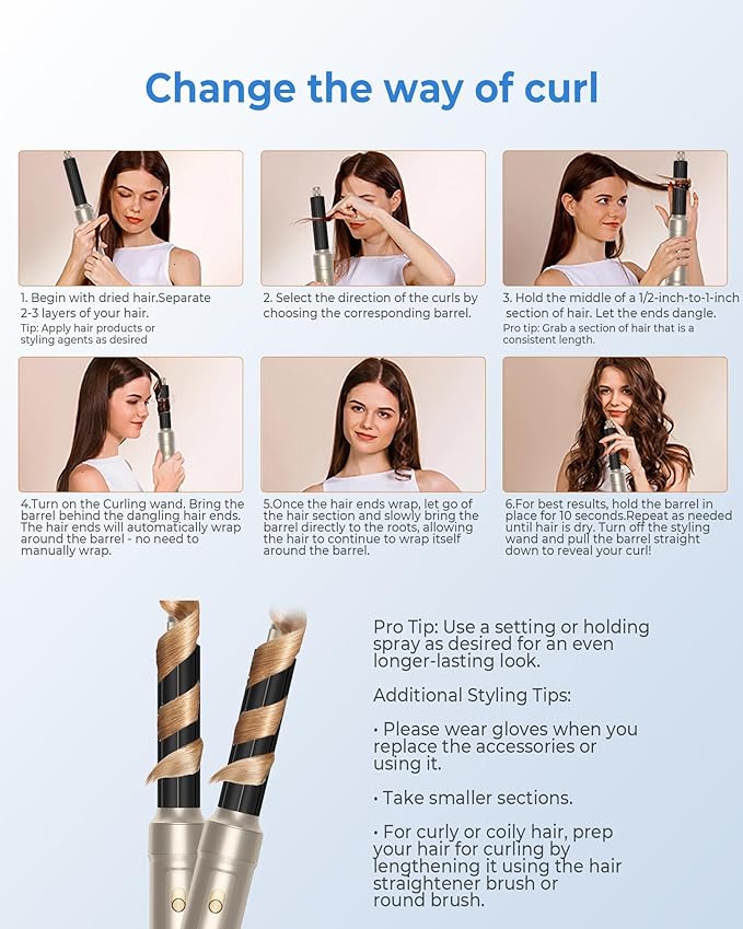 6 in ONE Blow Dryer Brush, Curling Wand Hair Styling Tools Set, Ionic Hot Air Hair Dryer, Massage Oval Hair Dryer, Left&Right Hair Curlers 100-120V