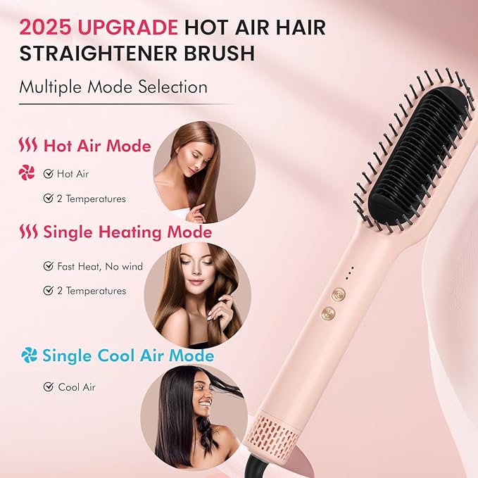 Hair Straightener Brush with Hot & Cool Air, AngKng Anti-Scald Heat Comb Straightener for Straightening Hair, 30s Fast Heating, Hot Air Straightening Brush for Women, Dual Voltage for Travel, Pink