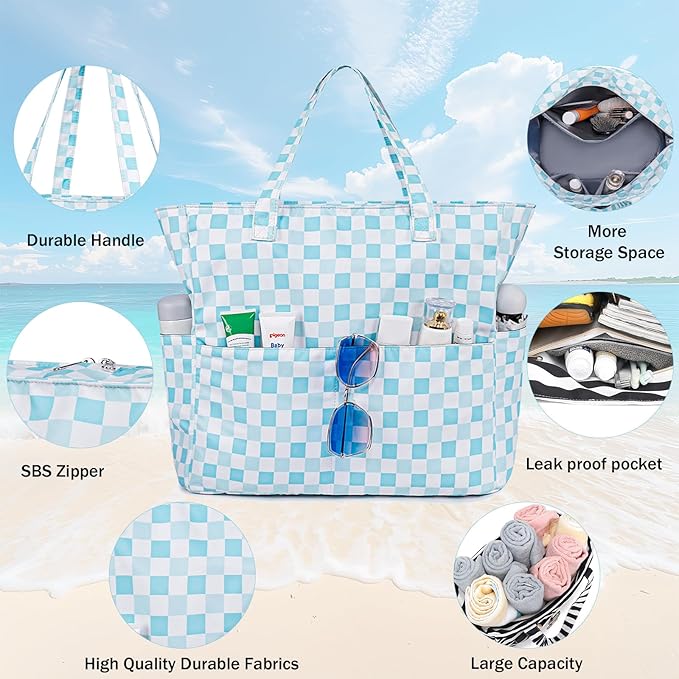 LEDAOU Large Beach Tote Bag Women Waterproof Sandproof Zipper Beach Tote Bag - Image 7