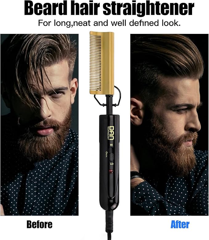 DAN Technology Curved Ceramic Hair Straightener and Heat Press Comb, 450°F Dual Voltage for Natural Black Hair, Portable for Travel & Home