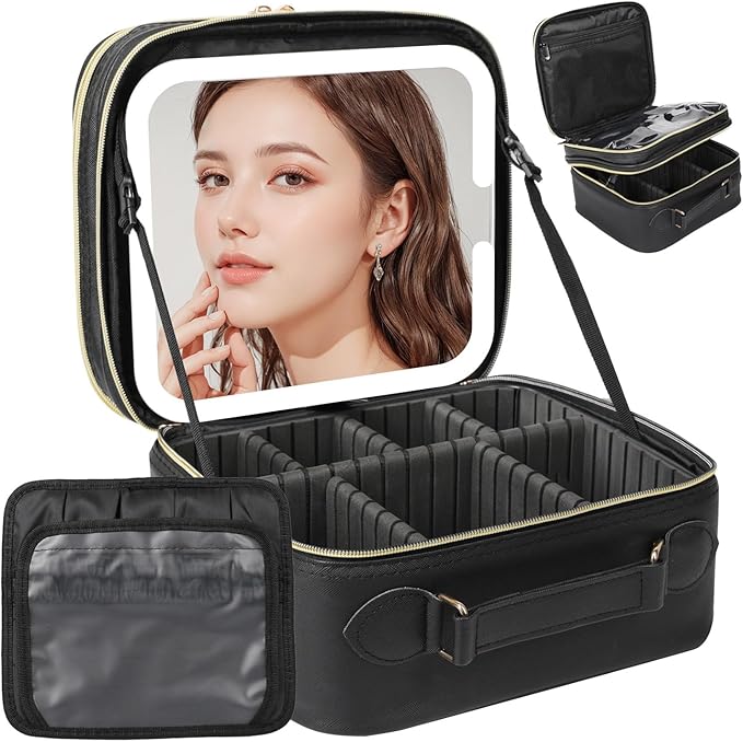 Travel Makeup Bag with LED Mirror Double Layer, Detachable Vanity Mirror with by Behaesty