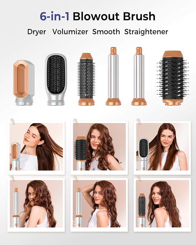 6 in ONE Hair Dryer Brush, Blow Dryer Curling Wand Hair Styling Tools Set, Ionic Hot Air Massage Oval Blowout Hair Dryer, Left&Right Hair Styler