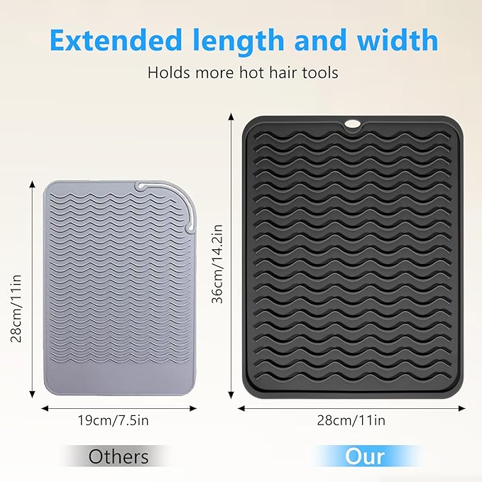 Quccefods Heat Resistant Mat Oversize Curling Iron Mat Silicone Hot Hair Tools Mat for Hair Straightener,Flat Irons,Hair Styling Tools Countertop protection Portable Travel Mat 14.2" x 11"