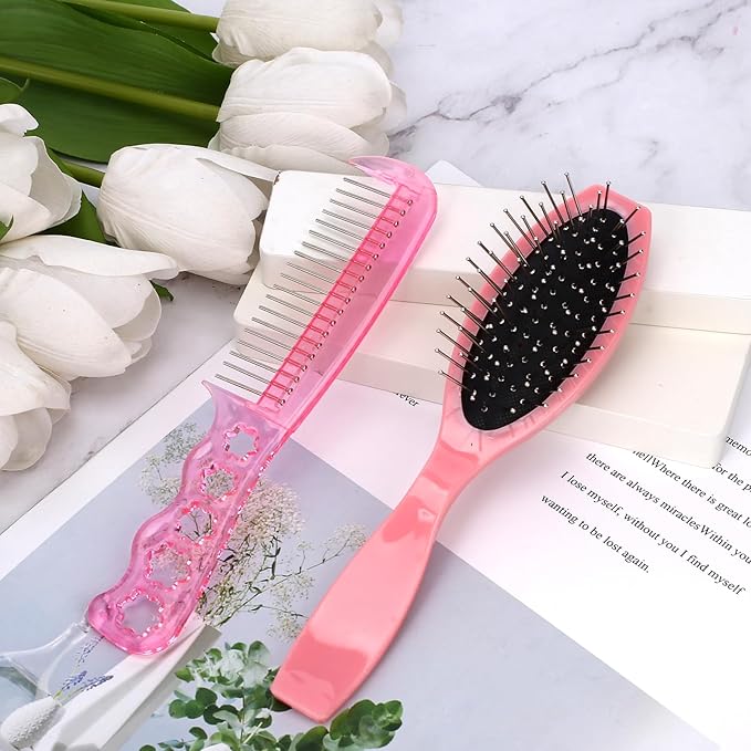 2 PCS Wig Brush Set - Stainless Steel Metal Bristle Comb and Cushion Detangling Brush for Hair Extensions, Wigs, and Wet Hair (Pink)