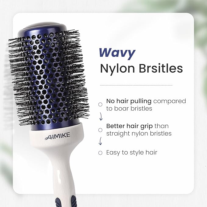 AIMIKE Nano Ionic Tech Large Round Brush, Ceramic Brush for Blow Drying, Styling and Boosting Volume, Natural Wood Handle - 2 Inch/52mm