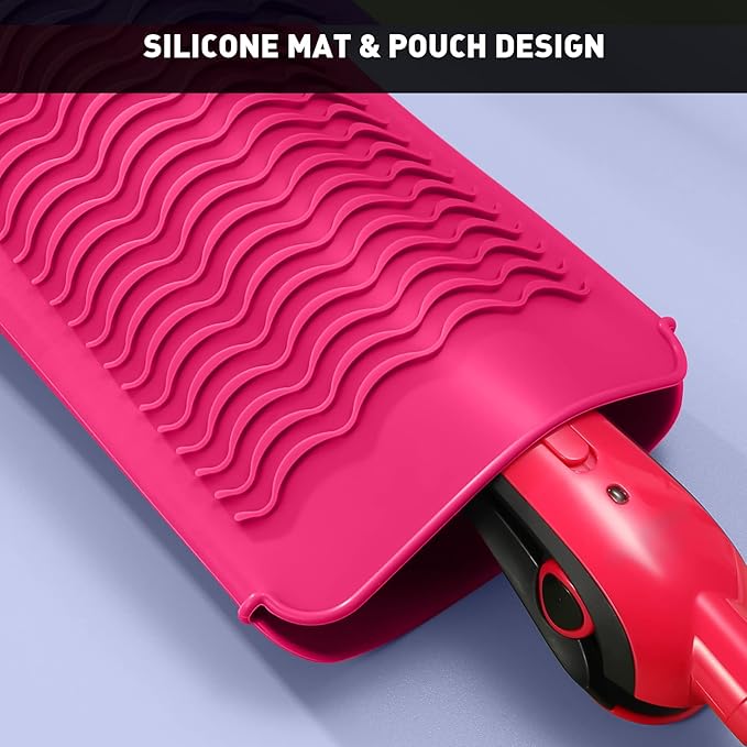ZAXOP 2 Pack Heat Resistant Silicone Mat Pouch for Flat Iron, Curling Iron,Hair Straightener,Hair Curling Wands,Hot Hair Tools (HOT Pink&HOT Pink)