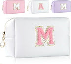 MSQ Personalized Makeup Bag Initial A-Z Patch Bag, PU Leather Cosmetic Bag Pouch Travel Toiletry Bag with Zipper, Gift Ideal for Teen Girls Friend Mom Women Birthday (White M)