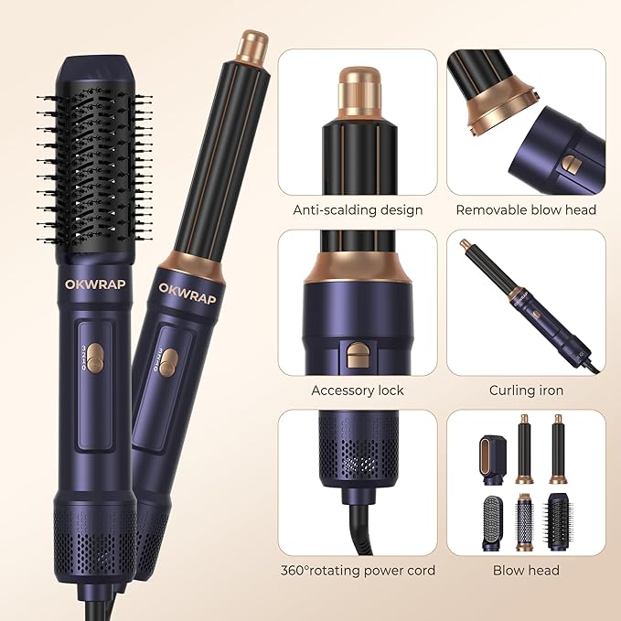 6 in ONE Blow Dryer Brush, Curling Wand Hair Styling Tools Set, Ionic Hot Air Hair Dryer, Massage Oval Hair Dryer, Left&Right Hair Curlers 100-120V