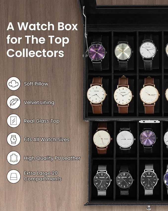 Uten 20-Slot Watch Box, 2-Layers PU Leather Watch Case - Image 6