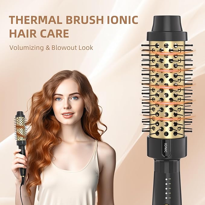 24K Gold Thermal Brush, Blowout Long Lasting Look Curling Brush, 30s Fast Heated Round Brushes 1.5" Makes Hair Smoother Get Natural Curls, 5 Temp Settings, Universal Voltage for Travel, Easy to Use