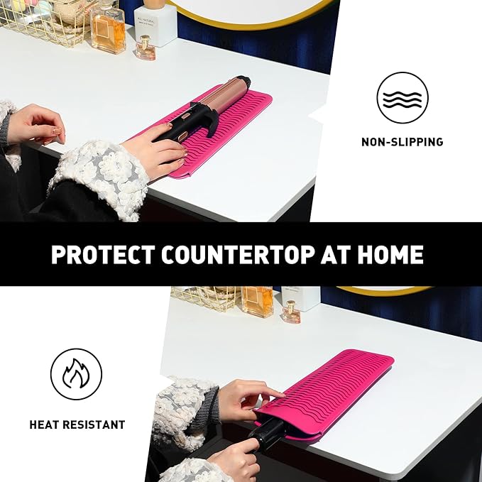 ZAXOP 2 Pack Heat Resistant Silicone Mat Pouch for Flat Iron, Curling Iron,Hair Straightener,Hair Curling Wands,Hot Hair Tools (HOT Pink&HOT Pink)