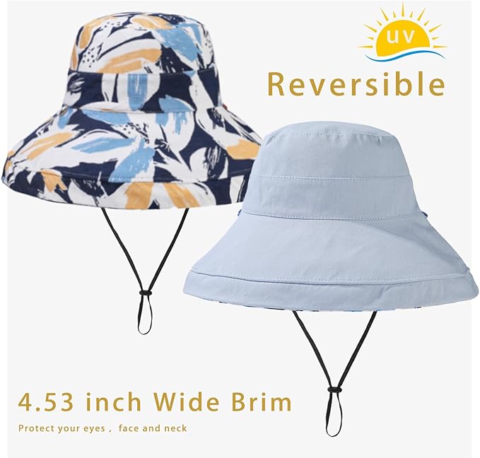 vidsel Womens Sun Hats Wide Brim Reversible Bucket Cotton Hat Packable Summer - Image 3
