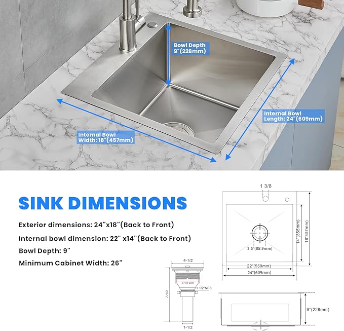 POPFLY 24×18 Inch Drop in Kitchen Sink, Topmount Handmade Single Bowl 18 Gauge - Image 7