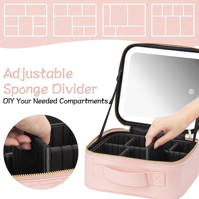 Makeup Travel Train Case with Mirror LED Light 3 Adjustable Brightness Cosmetic - Image 3