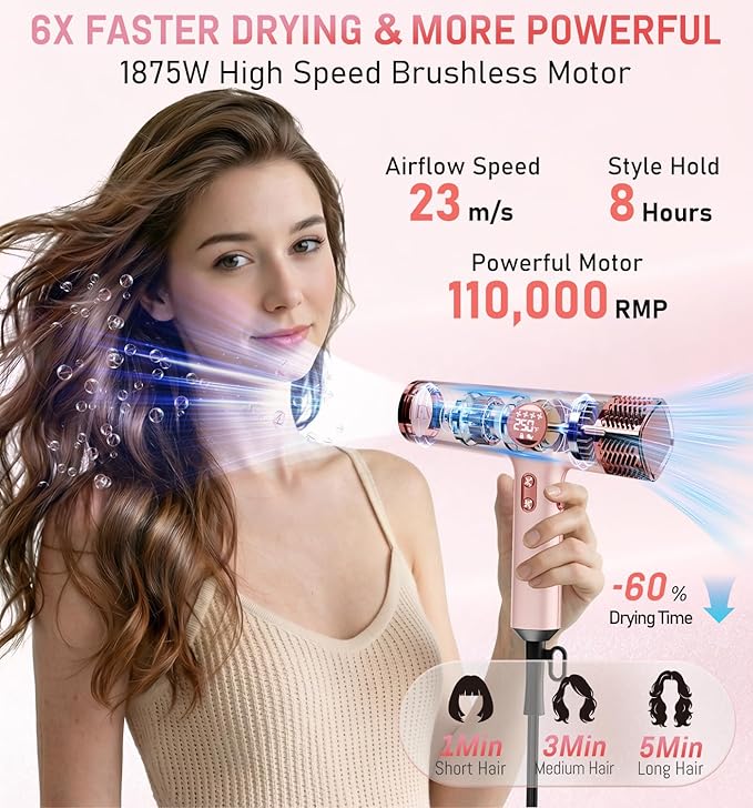 FMZ Professional Hair Blow Dryer with Smart Display, 1875W High Speed BLDC Motor for Fast Drying, Portable Mini Lightweight Quiet, Pink Curly Ionic Diffuser HairDryer for Women Girls Teen Salon Travel