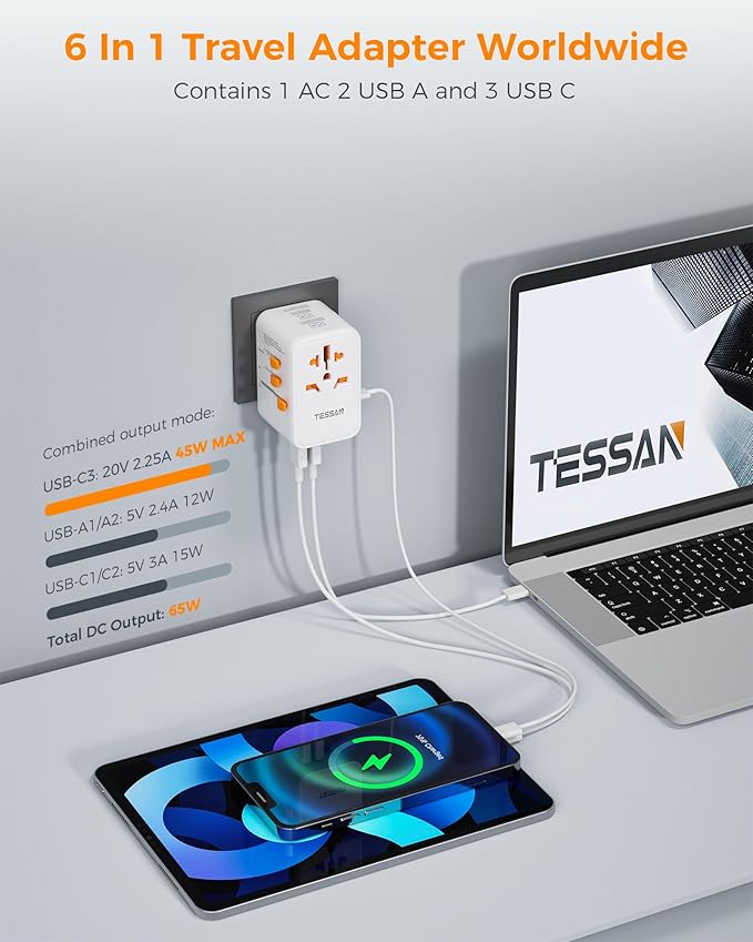 TESSAN Universal Travel Adapter Worldwide, GaN 65W International Plug Adaptor - Image 3