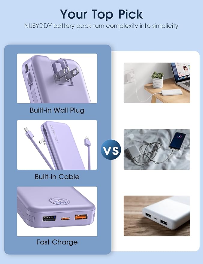 Portable Charger with Built in Cable and AC Wall Plug, USB C Power Bank - Image 3