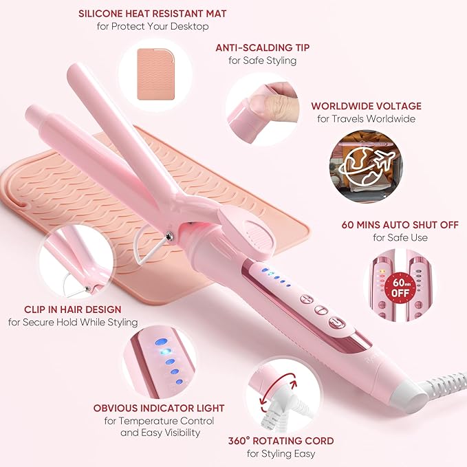 1.50 Inch Curling Iron, 5 Temperature Settings, Professional Spring Hair Iron for All Hair Types, Max 430℉ with Heat Resistant Mat (1 1/2 Inch Pink)