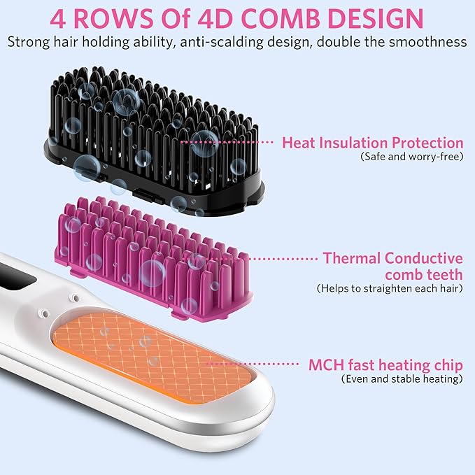 Cordless Hair Straightener Brush, Portable Mini Hair Straightening Brush for Travel, Rechargeable 9600 mAh USB-C, Lightweight Anti-Scald Heated Styling Tools & Appliances