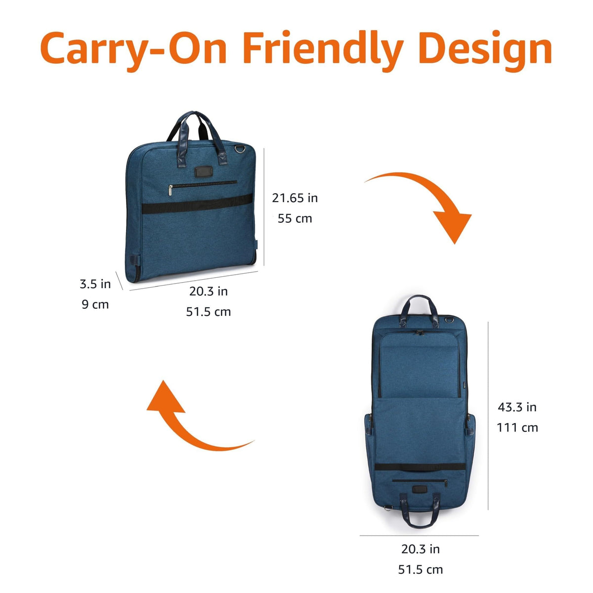 Carry On Garment Bag for Travel and Business Trips with Detachable Shoulder Strap (Navy)