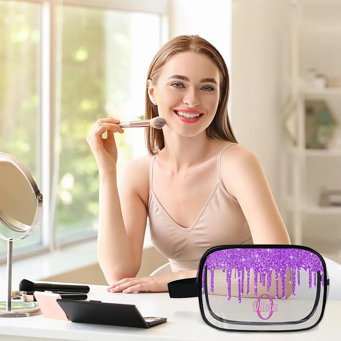 Personalized Name Clear Toiletry Bag, Large Travel PVC Cosmetic Bag Portable Makeup Organizer Bag for Women Bathroom Shower Essentials, Dark Voilet Purple Fluid Shape Glittering