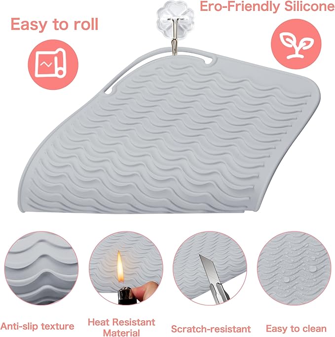 Heysam Silicone Pad Heat Resistant Mat for Curling Irons, Flat Iron Hair Straightener Mat, Portable Travel Mat Pouch for Vanity Salon, 9"x6.5" Heat Tools Sleeve Pad and Flat Iron Travel Case, Gray